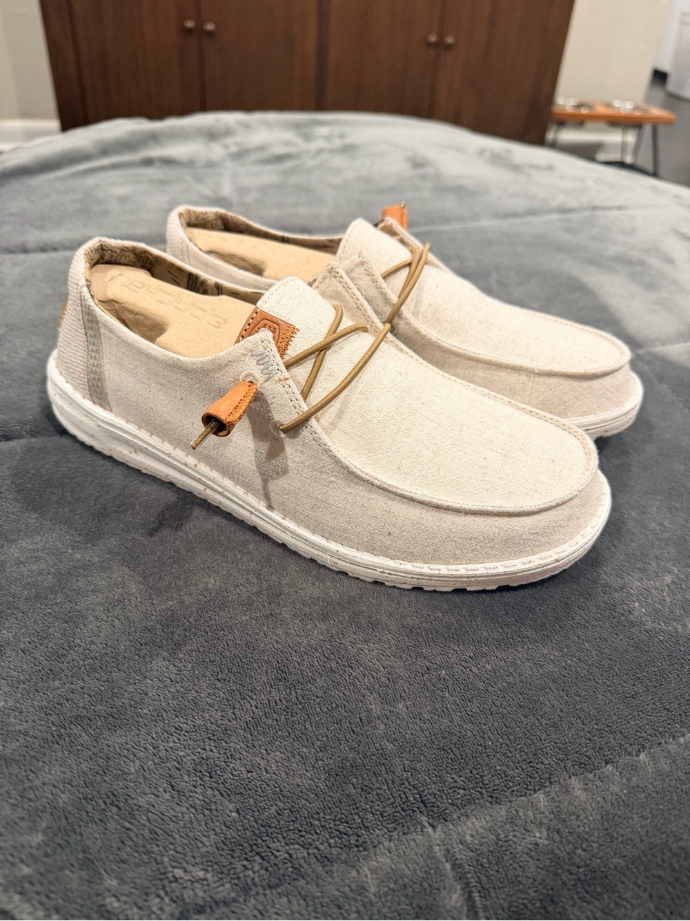 Hey Dude Slip-On Moccasins in Natural Cream with Tan Accents